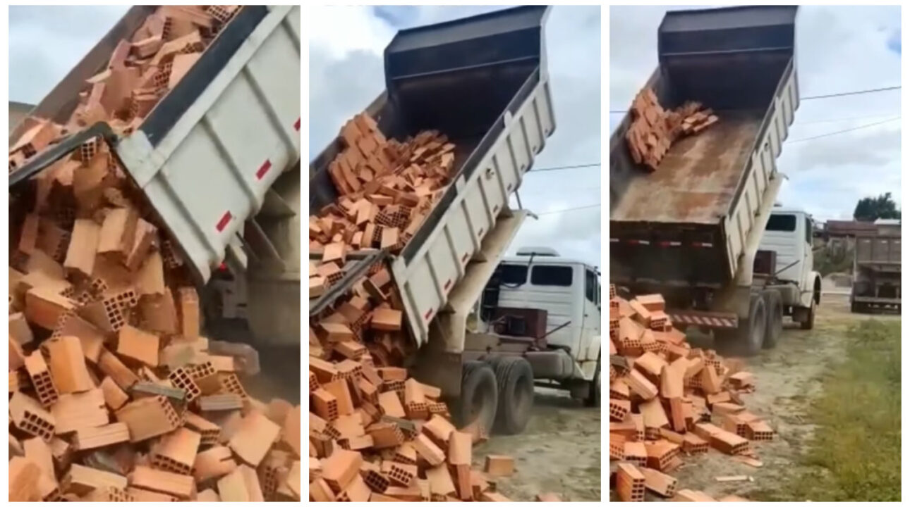 Caminhoneiro revoltado descarrega tijolos na porta da obra