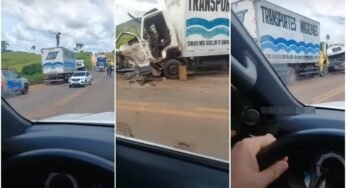 Dois caminhões da mesma transportadora, que seguiam o mesmo trajeto, batem de frente