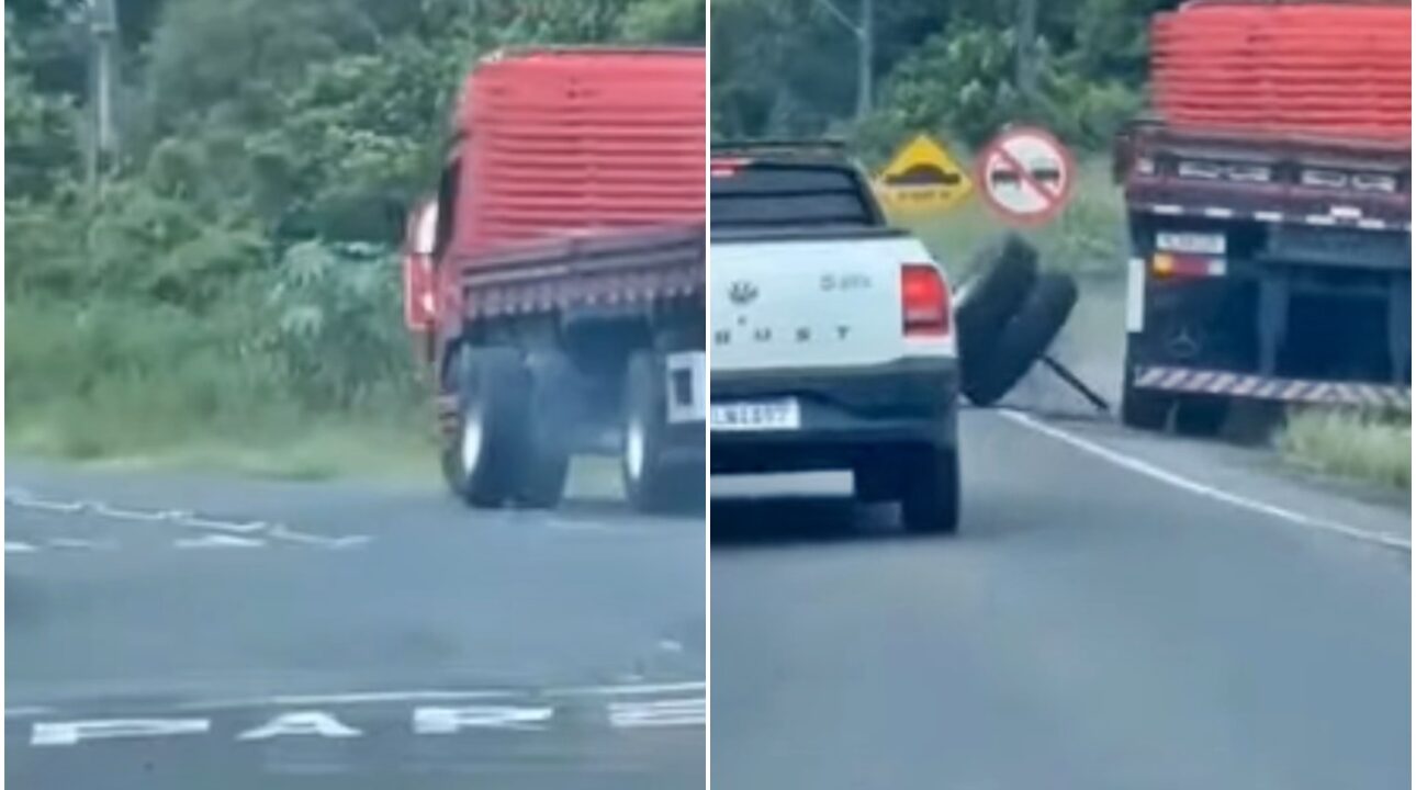 Pneus do caminhão solta e quase provoca acidente