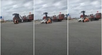 Carro cai da empilhadeira no momento do carregamento