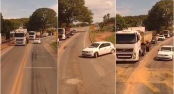 <strong>Carro invade contramão e é obrigado a andar de ré por caminhoneiro</strong>