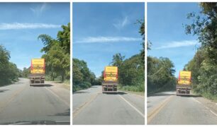 Motorista flagra caminhão levando ônibus em cima da sua carroceria