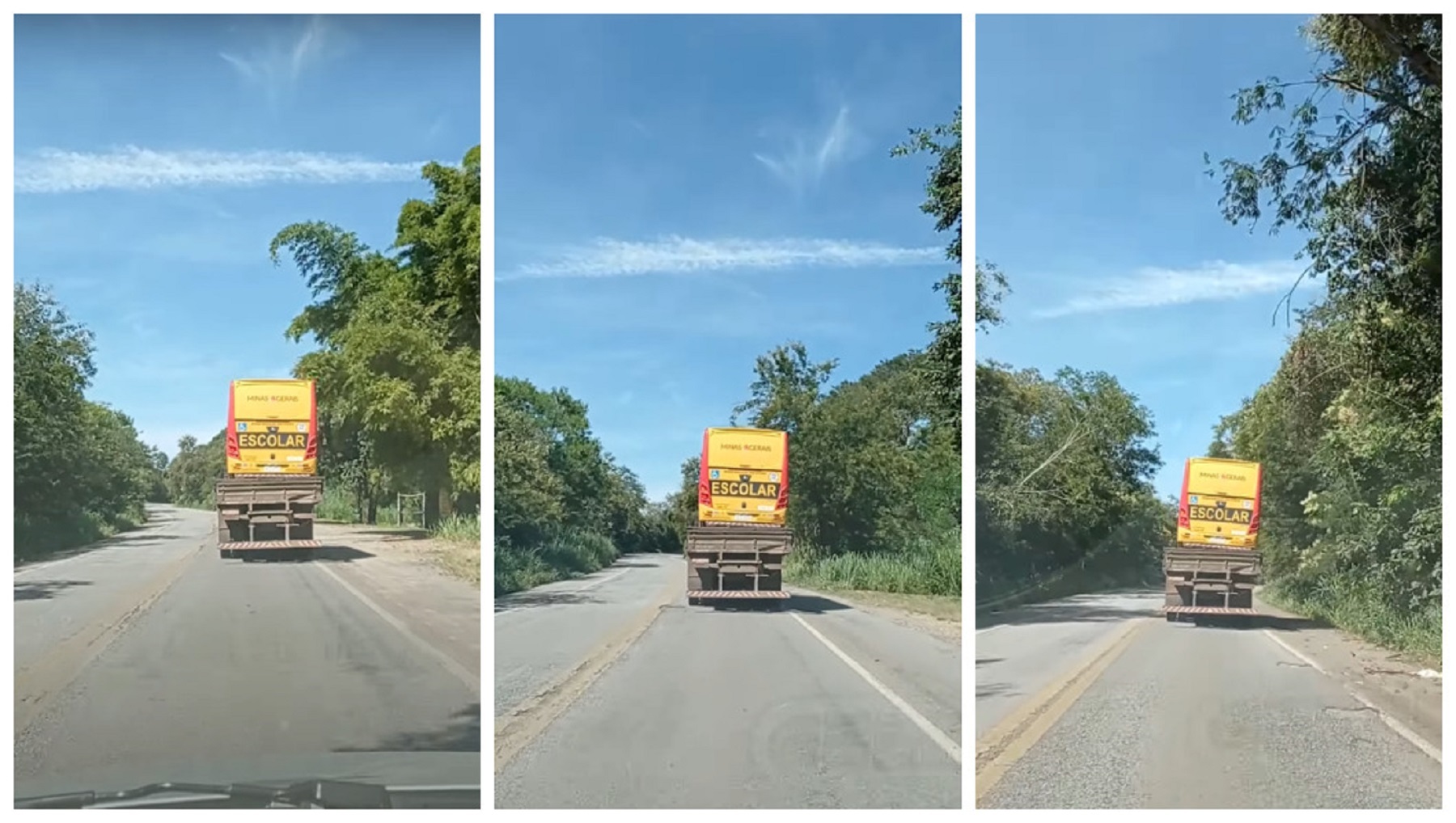 Motorista flagra caminhão levando ônibus em cima da sua carroceria