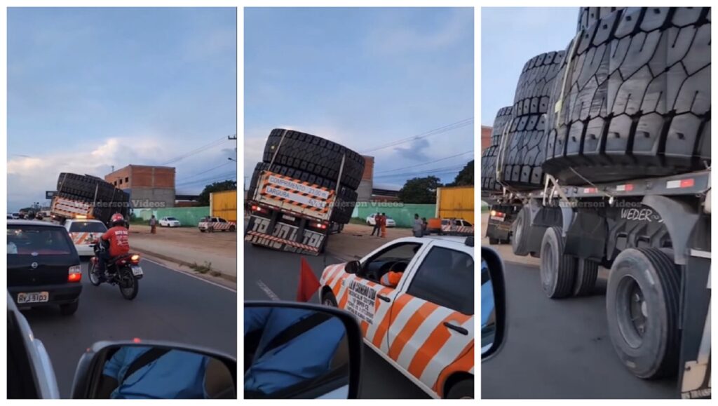 Carreta transportando pneus gigantes acaba ficando presa ao tentar pegar a rodovia