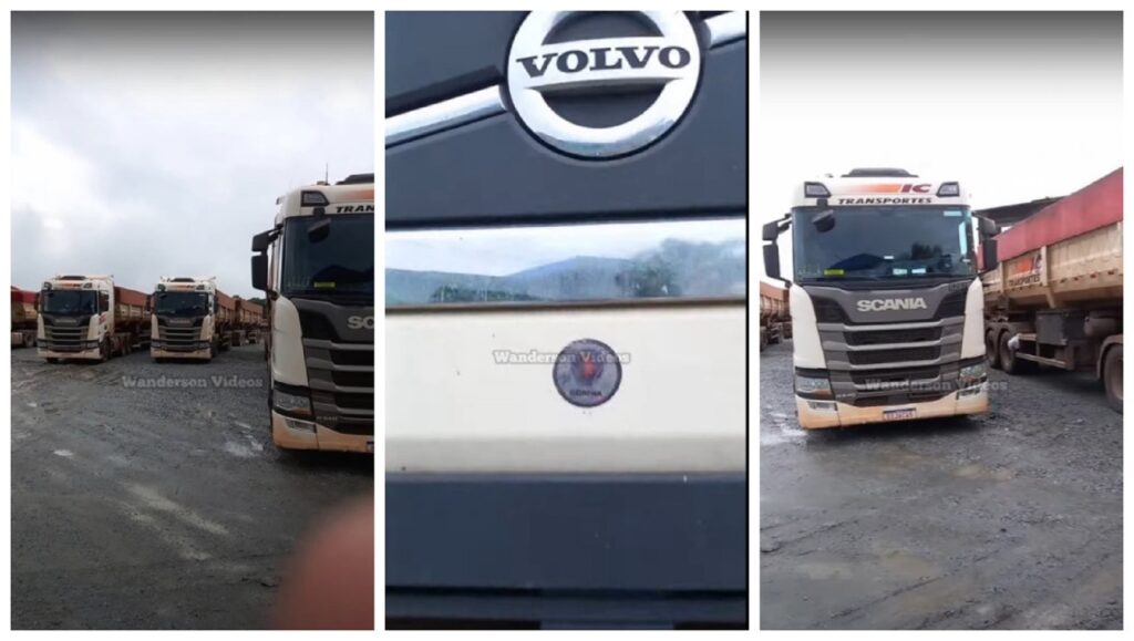 Caminhoneiro cola emblema da Scania em caminhão da Volvo para acompanhar colegas de profissão