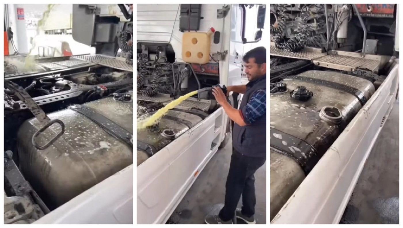 Caminhoneiro é flagrado lavando tanque de caminhão com diesel e chama atenção na web