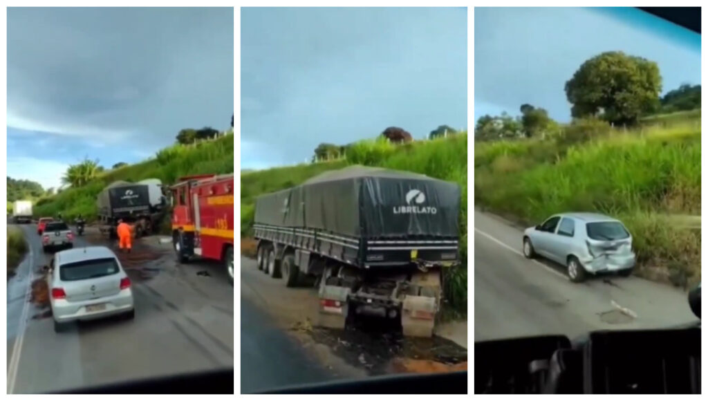 Caminhoneiro tenta desviar de buraco na BR-265 e acaba batendo em outros veículos