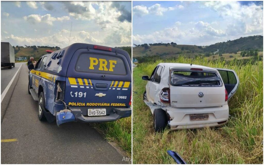 Carro de passeio e viatura da PRF