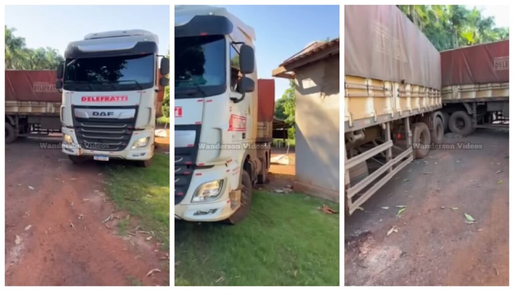 Carreta trava em manobra e caminhoneiro tenta até destelhar casa