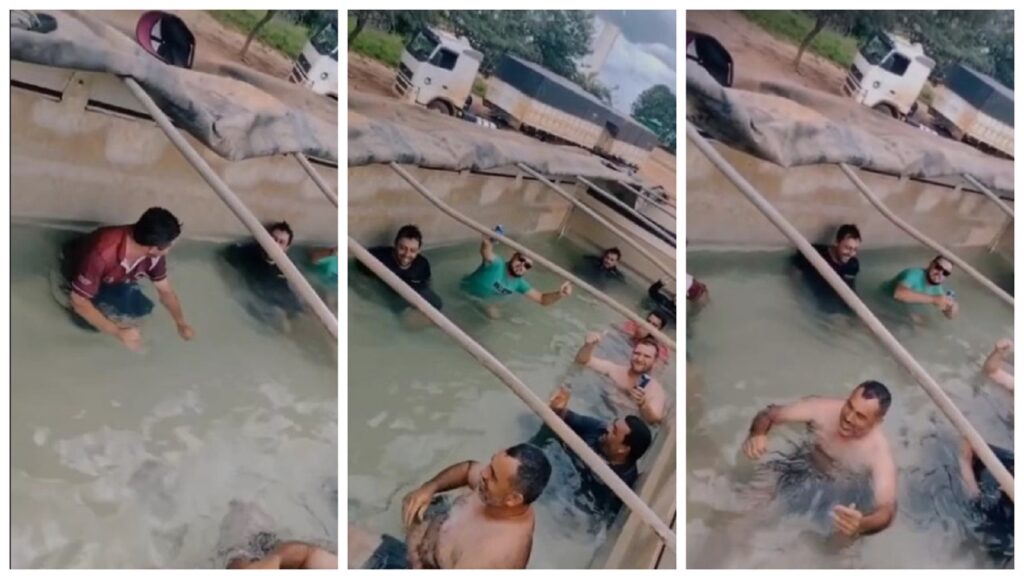 Caminhoneiros transformam caçamba em piscina