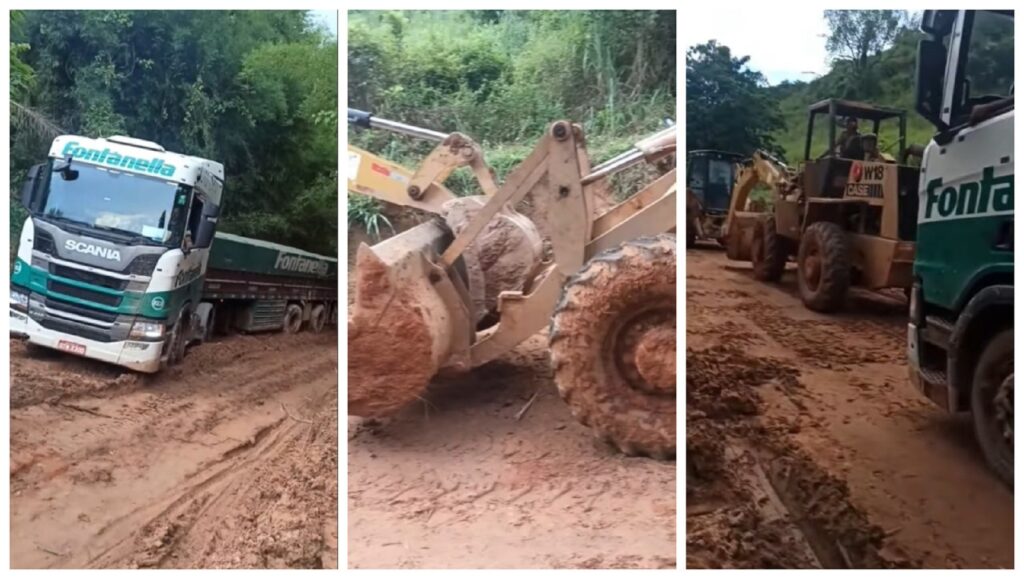 Dois tratores são utilizados para desatolar carreta em rodovia