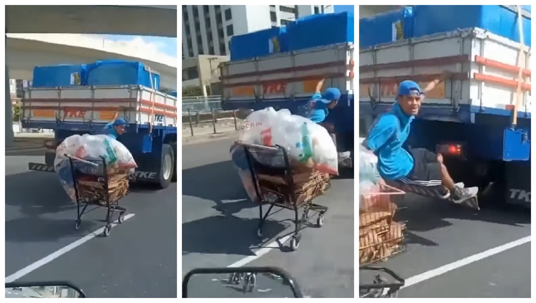 Homem pega rabeira em caminhão com carrinho de supermercado
