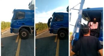 Caminhão é encontrado ligado e atravessado na rodovia, sem o motorista