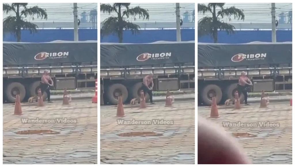 Caminhoneiro é flagrado utilizando a roda do caminhão para praticar atividade física