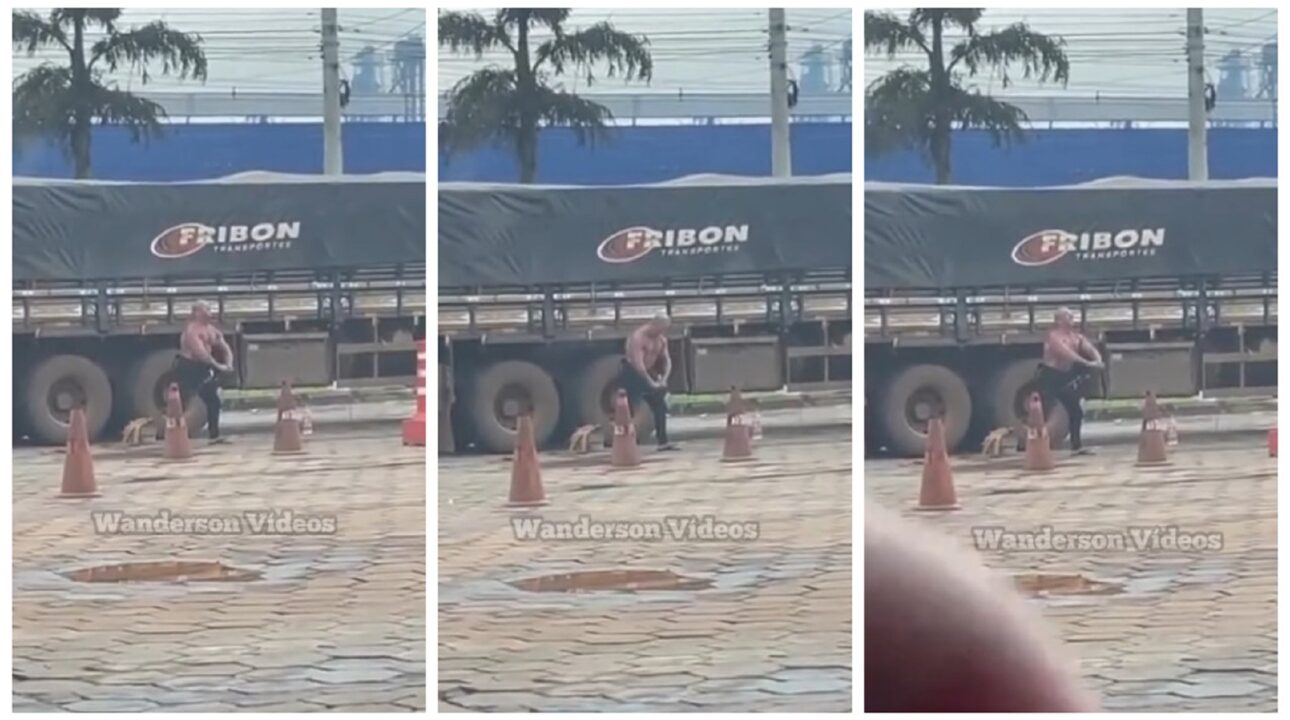 Caminhoneiro é flagrado utilizando a roda do caminhão para praticar atividade física