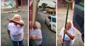Idosa revoltada com barulho de caminhão dar vassourada em caminhoneiro