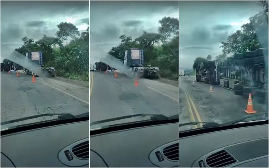 Caminhoneiro com carreta tombada