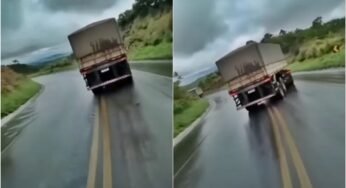 Carreta desliza e invade a faixa contrária na descida da serra, mas caminhoneiro consegue evitar o pior