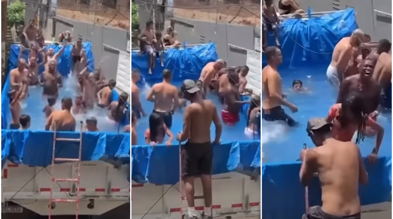 Em BH amigos transformam caçamba de caminhão em piscina