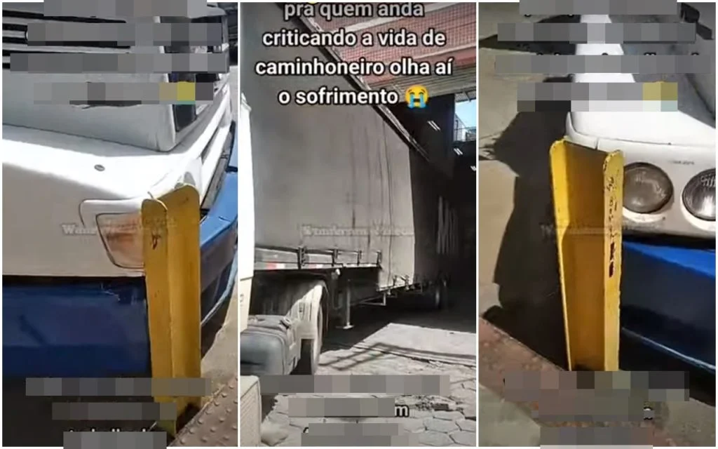 Caminhoneiro vive perrengue para estacionar com hastes de metal no meio da pista