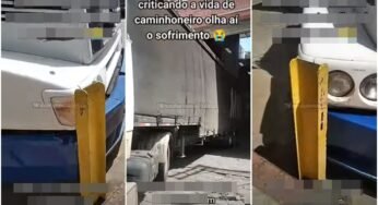 Caminhoneiro vive perrengue para estacionar com hastes de metal no meio da pista