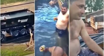 Video: Caminhoneiros são flagrados tomando banho em piscina improvisada.