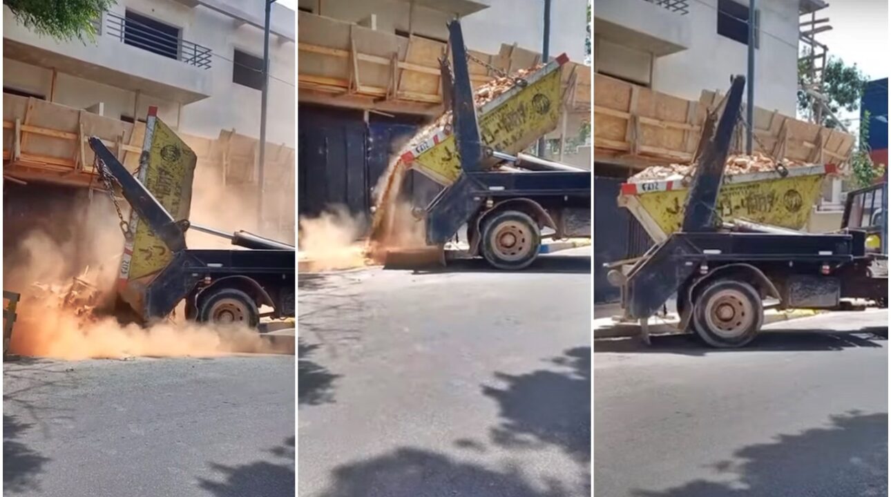 Caçambeiro derruba entulho em frente à construção após não receber pagamento