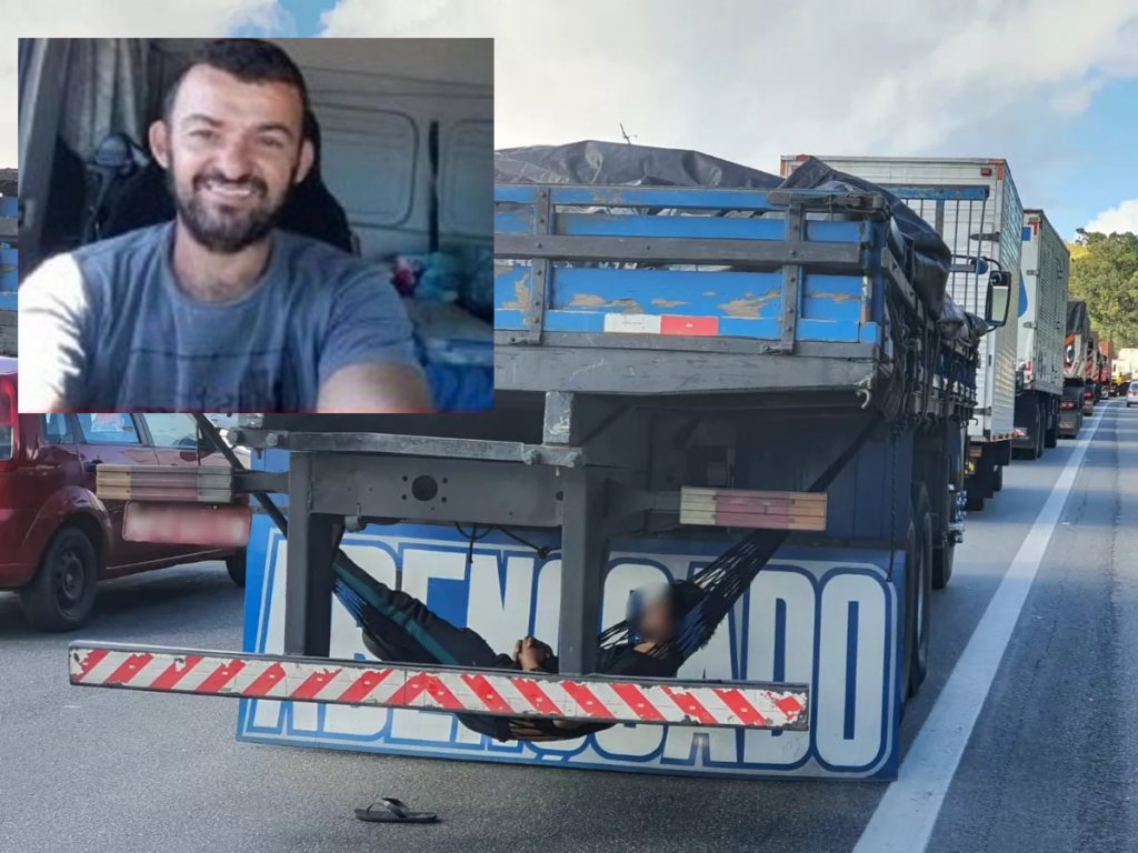 caminhoneiro amarra rede entre duas carretas