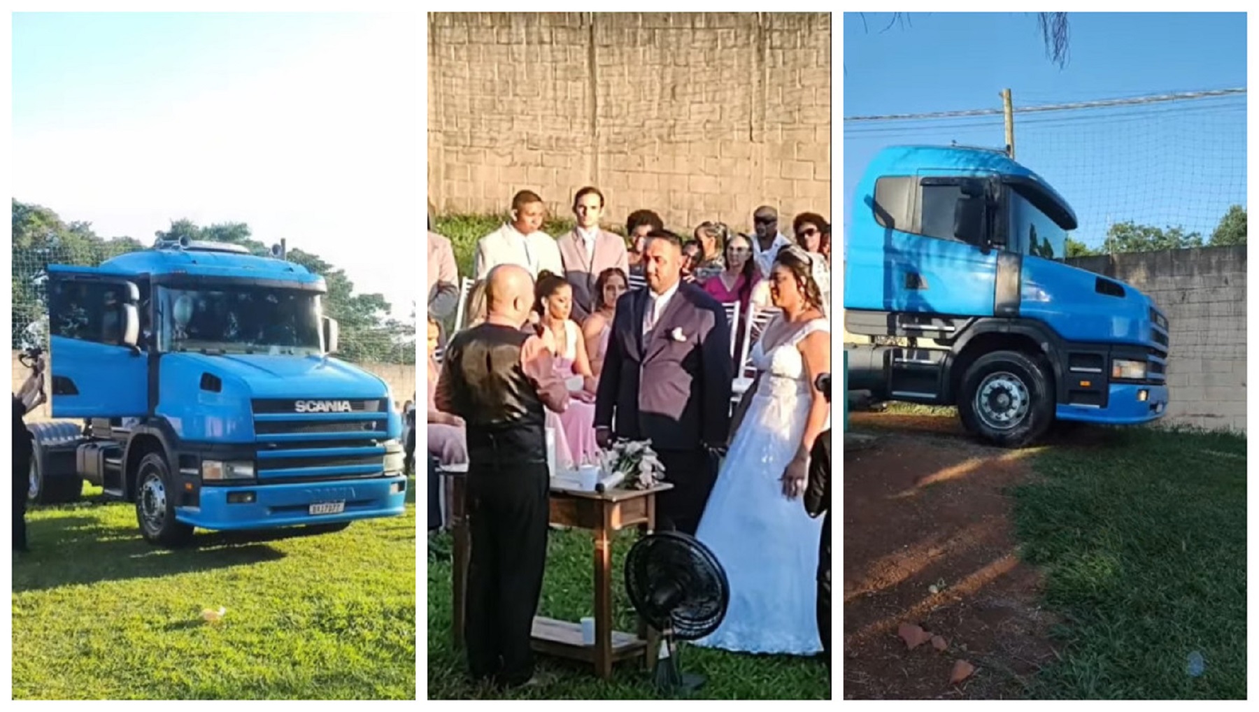 Noiva surpreende ao chegar em casamento a bordo de um caminhão