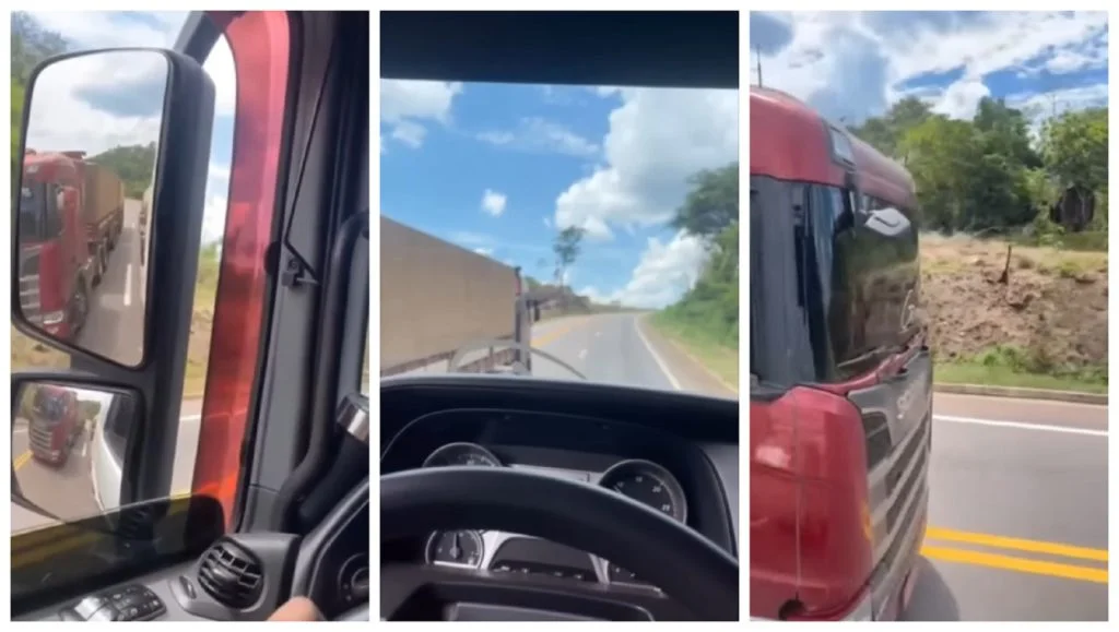 Scania tenta passar Mercedes em subida e acaba passando vergonha