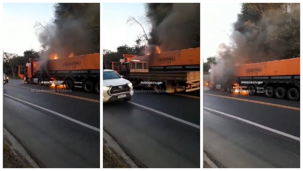 Caminhoneiro fica desesperado ao ver seu caminhão pegar fogo