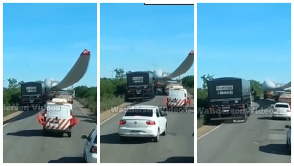 Caminhoneiro tenta ultrapassar carreta com pá eólica e o pior acontece