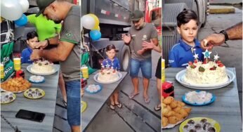 Caminhoneiro faz festa do filho na caixa de cozinha do caminhão