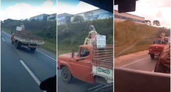 Motorista coloca manequim em cima do caminhão e chama atenção por onde passa