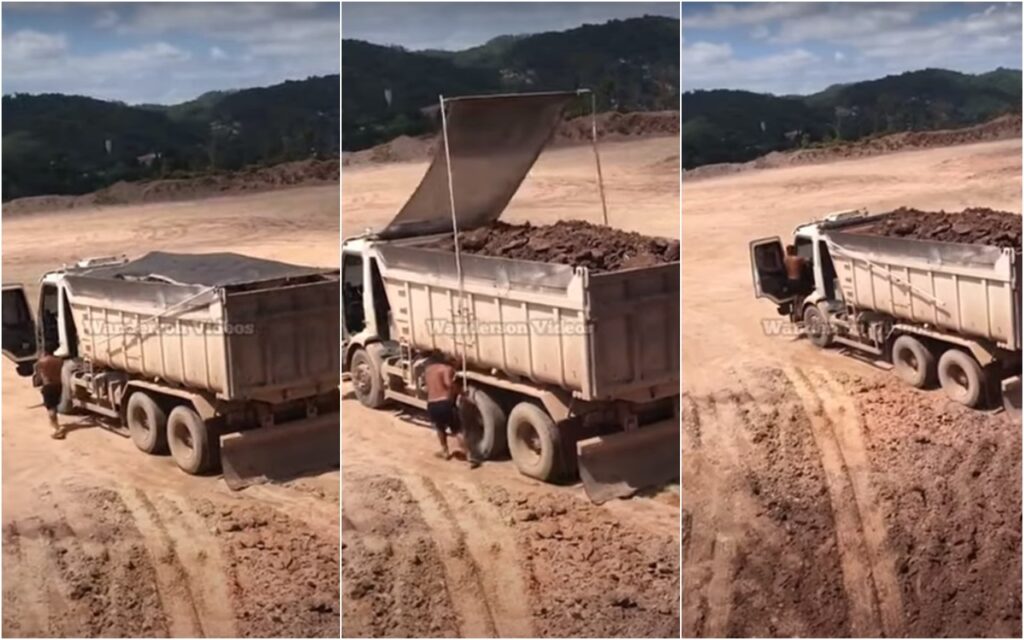 Caçambeiro tira onda ao enlonar caminhão