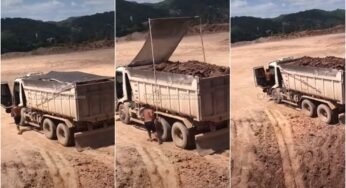Caçambeiro tira onda ao enlonar caminhão
