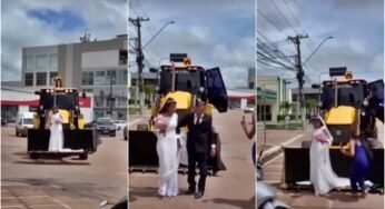 Noiva chega em retroescavadeira no seu casamento para homenagear membro da família