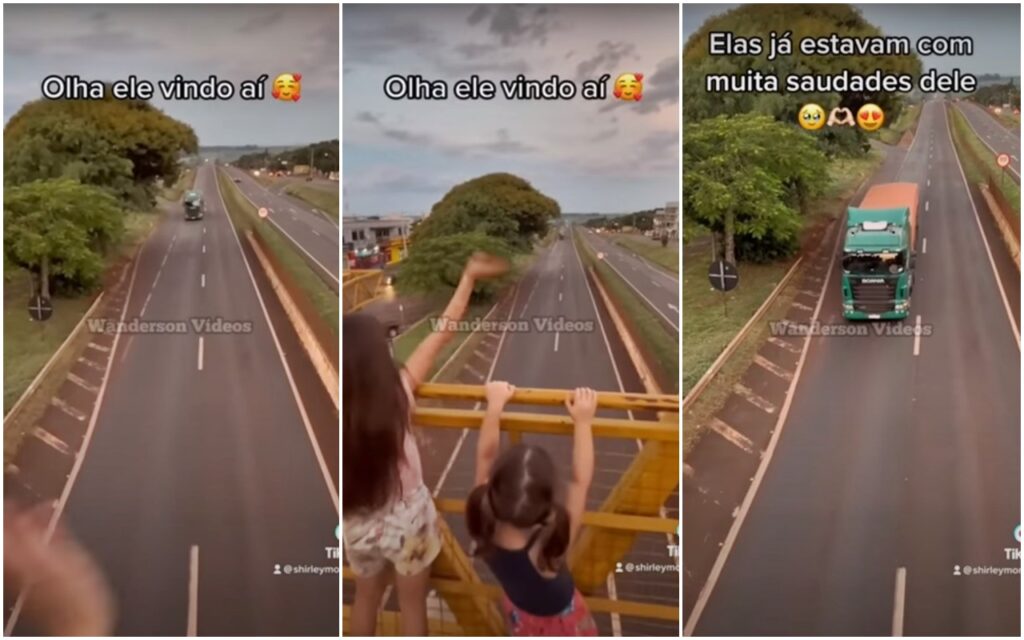 Filhas se emocionam ao verem o pai caminhoneiro passar pela passarela