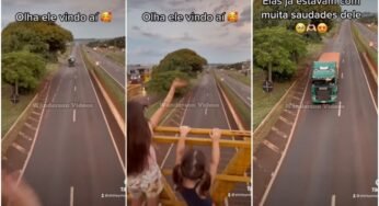 Filhas se emocionam ao verem o pai caminhoneiro passar pela passarela