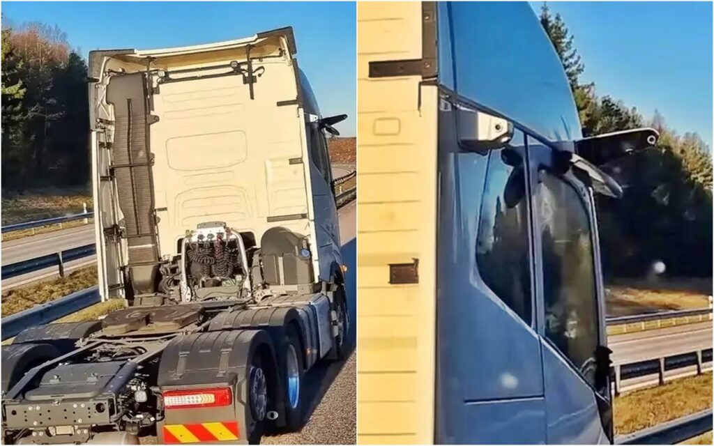 Volvo FH é flagrado com câmera no lugar de retrovisor rodando em estrada