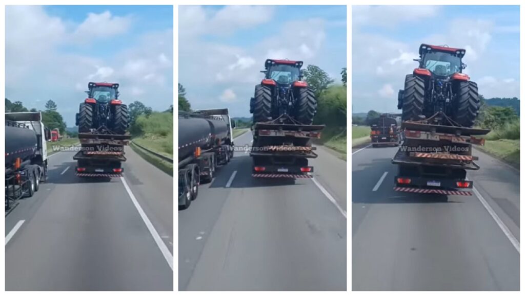 Carreta é flagrada transportando outro caminhão com um trator por cima