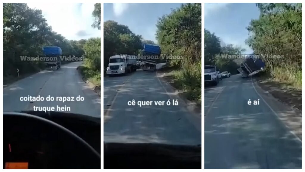 Caminhoneiro passa em desnível em rodovia e acaba tombando caminhão