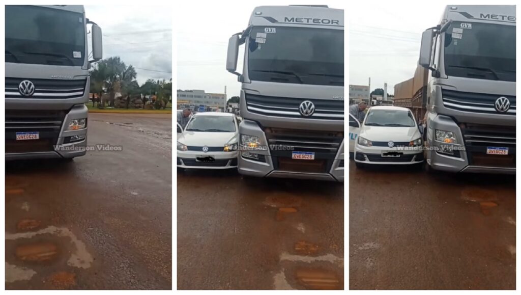 Carro tenta ultrapassar carreta pela direita e motorista afirma que caminhoneiro é o culpado pelo acidente