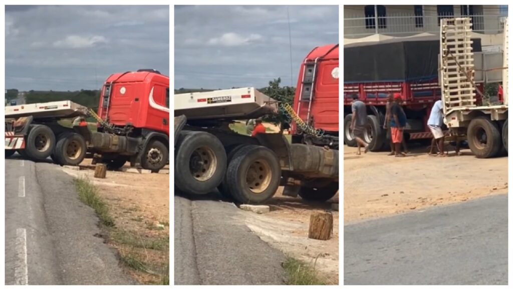 Caminhoneiro fica “preso” ao tentar fazer retorno em rodovia