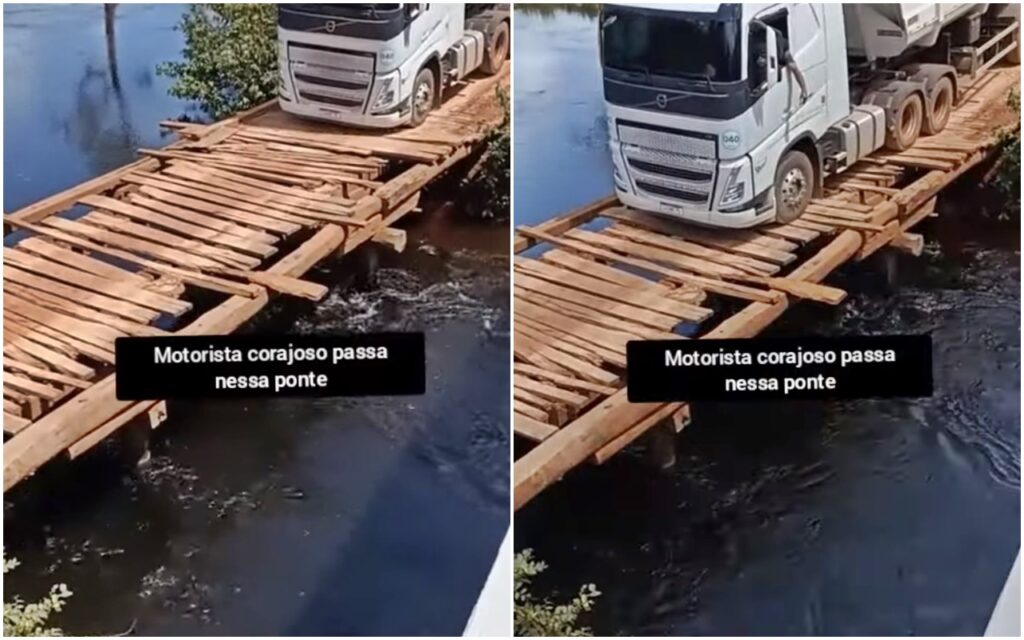 Caminhoneiro mostra coragem e passa em ponte de madeira