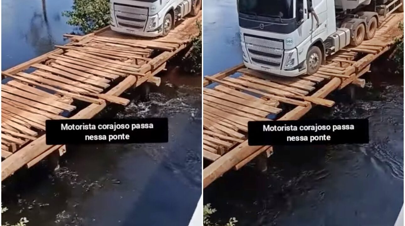 Caminhoneiro mostra coragem e passa em ponte de madeira