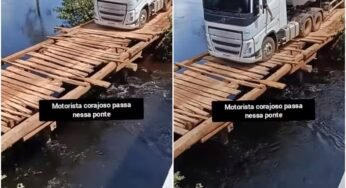 Caminhoneiro mostra coragem e passa em ponte de madeira