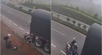 Caminhão passa em cima de perna de motociclista após ele ficar no ponto cego do veículo