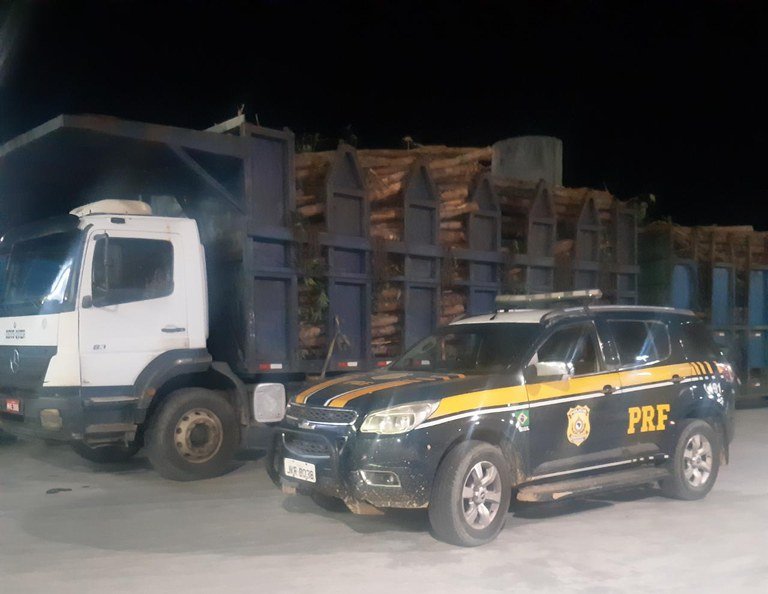 Caminhão é autuado por estar trafegando sem nota fiscal de carregamento de toras de madeira