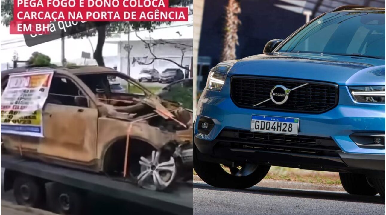 Volvo avaliado em R$ 250 mil pega fogo e dono coloca carcaça na porta de agência em BH